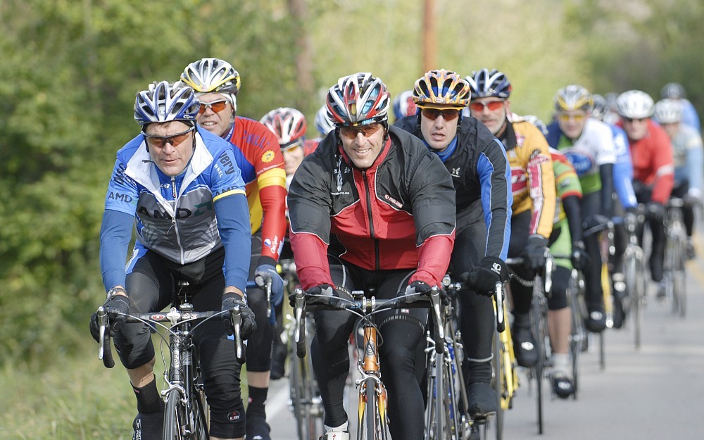Former Olympians Wayne Stetina and Davis Phinney (right) lead the Â pelotonÂ  or pack at Sunflower Revolution III. 