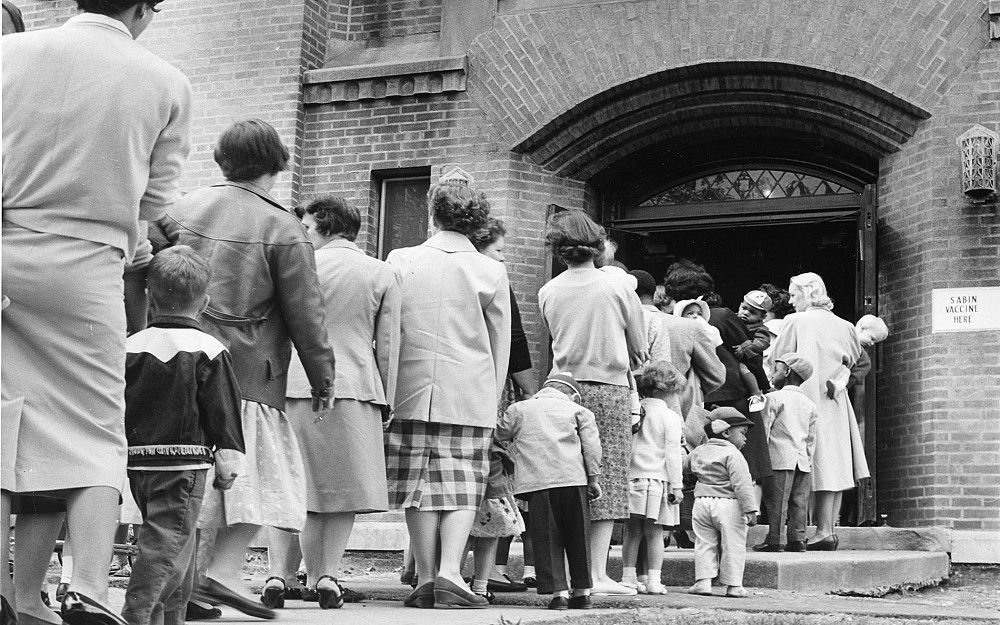 Parents and children lined up for the Sabin polio vaccine at Cincinnati Children's on Sunday, April 24, 1960.