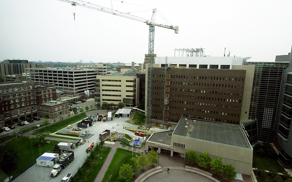 The MSB Rehabilitation Project work site as seen from the 10th floor of Cincinnati Children's Hospital Medical Center's Location S, across Albert Sabin Way from the MSB.