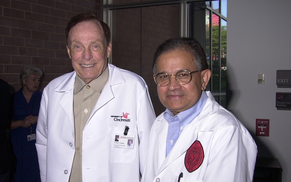 Elwood Jensen, PhD, with Sohaib Khan, PhD, UC professor of cancer biology