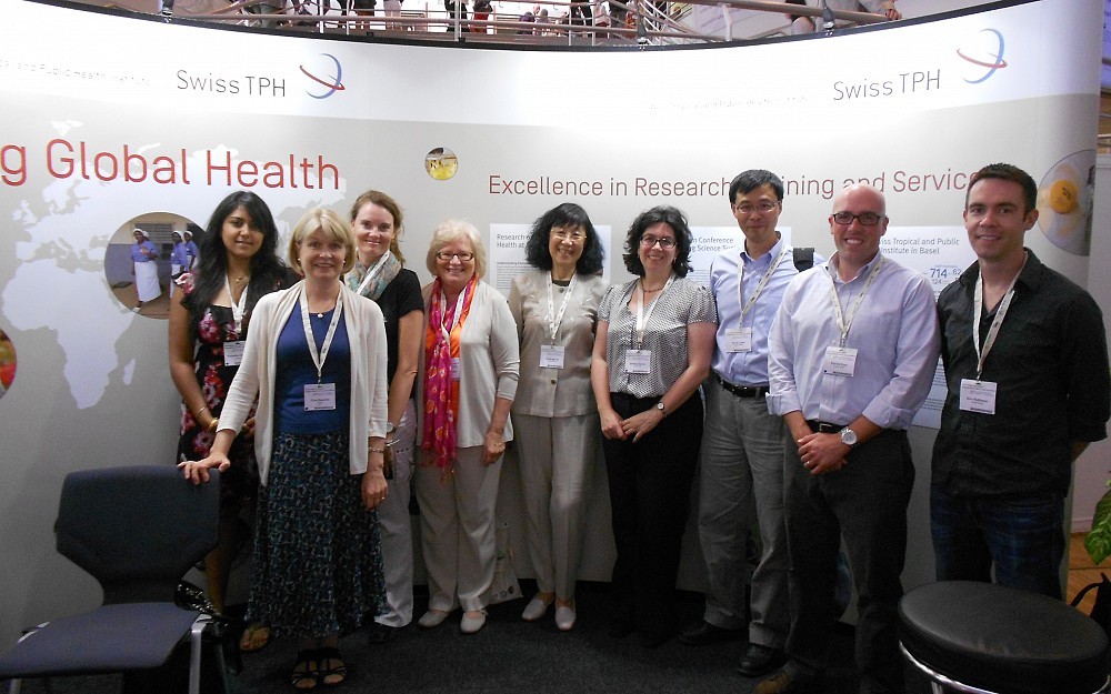 The UC contingent in Basel (from left): PhD student Kanistha Chatterjee; Tiina Reponen, PhD; Erin Haynes, DrPH; Susan Pinney, PhD; Shuk-Mei Ho, PhD; Shelley Ehrlich, MD; Aimin Chen, MD, PhD; Patrick Ryan, PhD; and postdoctoral fellow Eric Kettleson, PhD.