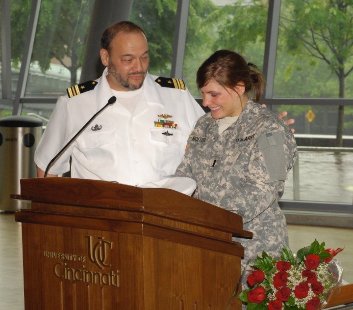 Associate Professor of Communication Sciences and Disorders and U.S. Navy Veteran Pete Scheifele, PhD, during a commissioning ceremony for student Jennifer Noetzel in 2010.