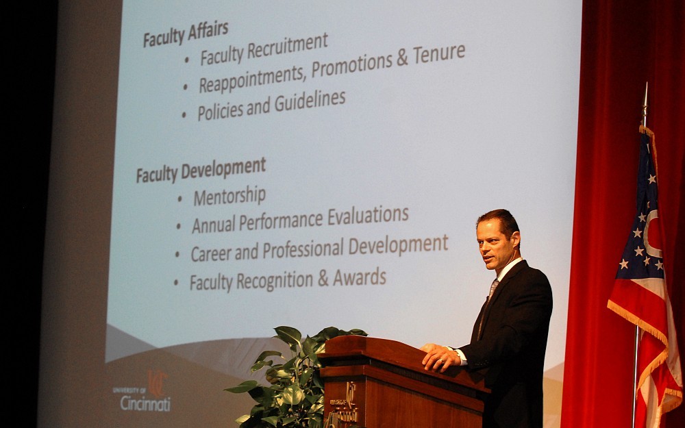 Alex Lentsch, PhD, gave his senior associate dean presentation on faculty affairs, in Kresge Auditorium Monday, May 12.