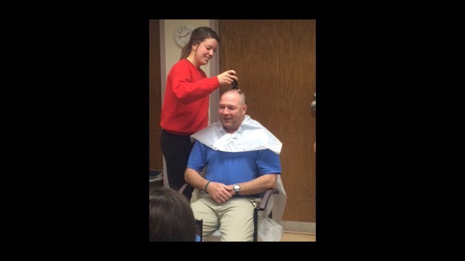 CAHS faculty member Barry Southers agreed to have his head shaved for the Relay for Life fundraiser. 