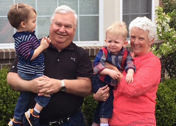 Barbara Sowder (right) with her husband Lonnie and two grandsons. Barb, a lung cancer survivor, is now able to hold her grandsons thanks to care she received at the UC Cancer Institute. 