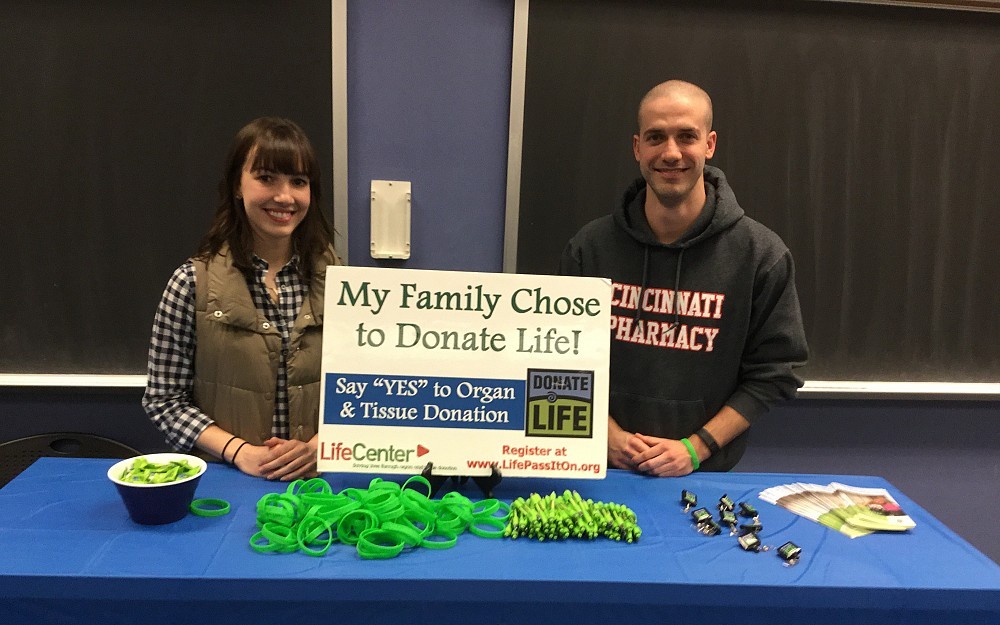 Rachel Tonnis, a first-year medical student, and Craig Furnish, a third-year pharmacy student, are shown at the closing event for the Lisa Connelly Organ Donation Awareness Challenge. 
