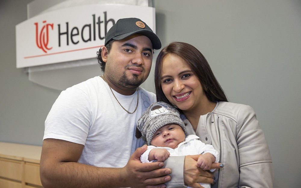 
Lesly Maytee Samayoa Solares and her husband, Jonathan, hold six-month-old Julian, in UC Health's Advanced Heart Failure Treatment Center.