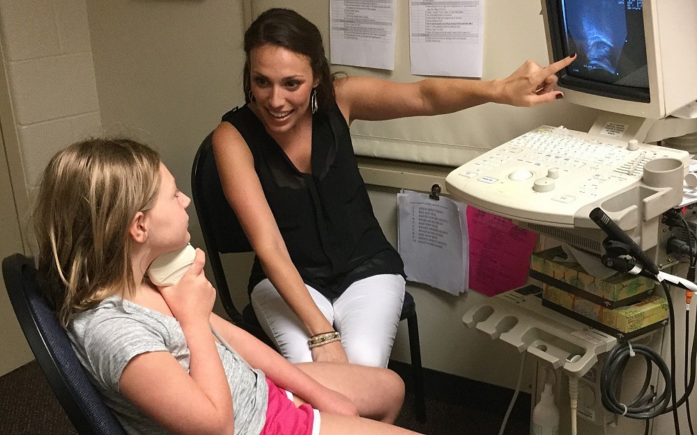 Violet Sturgeon works with Rachel Mashni in the College of Allied Health Sciences Speech, Language and Hearing Clinic