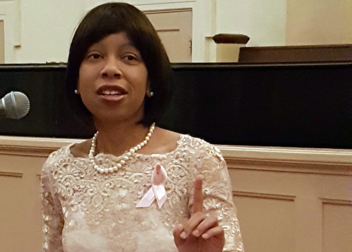 Micean Johnikin, MD, a 38-year-old pediatric cardiologist in Lexington, Kentucky, and breast cancer survivor, tells her story during 'Pink In The Pews', an annual church event in her community highlighting breast cancer awareness. Johnikin preserved her fertility before undergoing chemotherapy treatment with help from the UC Cancer Institute. 