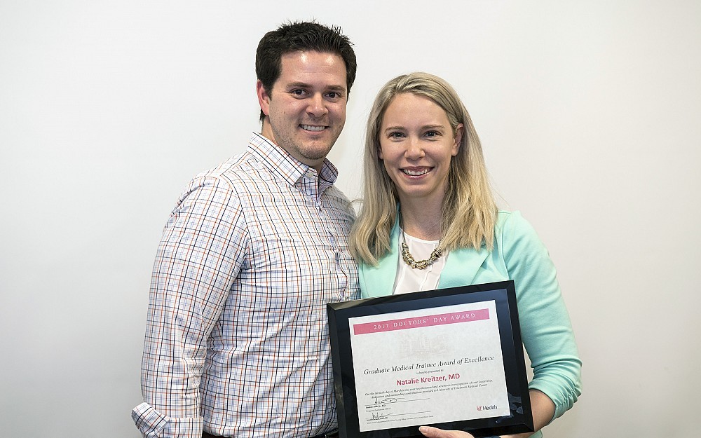 Natalie Kreitzer, MD, a third-year fellow in stroke and neuro-critical care and former resident at UC Medical CenterÂ s Emergency Medicine Department, receives an honor during National Doctors' Day.