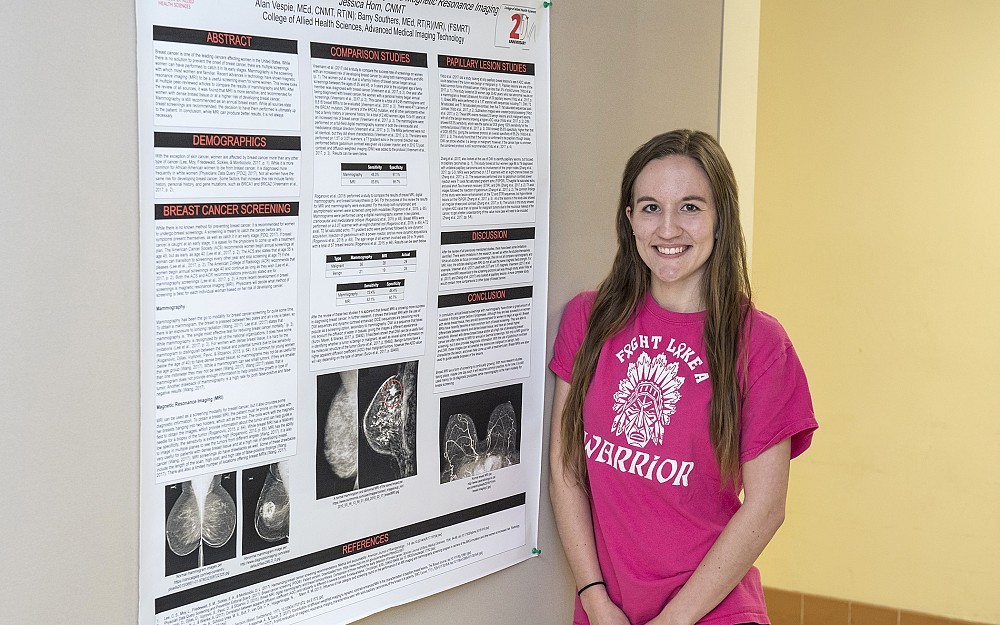 Jessica Horn, AMIT student in the College of Allied Health Sciences with her poster that was accepted for presentation at the Society for MR Radiographers and Technologists 27th Annual Meeting June 15-18 in Paris.