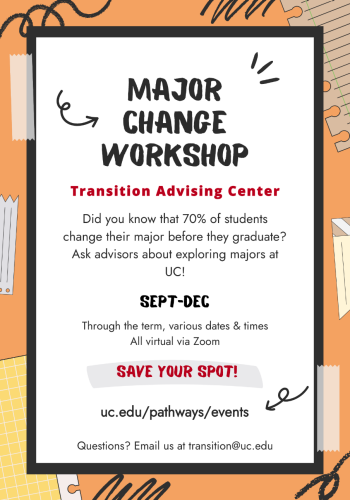 Orange and black fall themed flyer for the Fall semester major change workshops